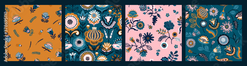 Set of Folk floral seamless patterns. Modern abstract design