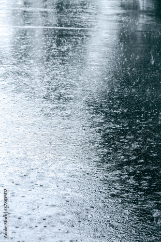 wet asphalt with raindrops in a puddle and reflections