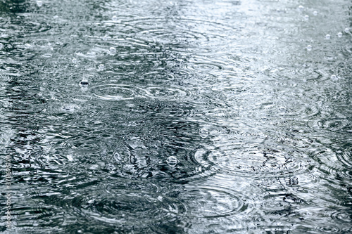 rainy background with raindrops and water circles on pavement