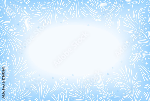 Fototapeta Naklejka Na Ścianę i Meble -  Winter blue rectangular frame with icy frosty patterns. Vector illustration in a flat style. Empty space for text. Holiday border.