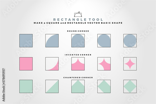 Square basic shape vector element with three corner model, rounded corner square, inverted corner square, and chamfered corner square applicable vector software and learning school, educated computer