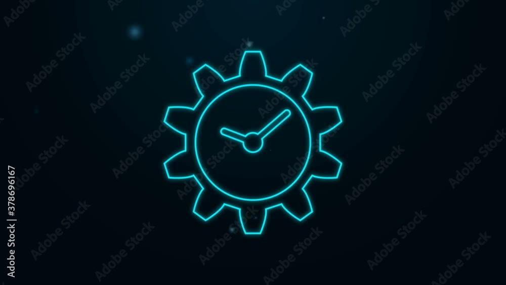 Glowing neon line Time Management icon isolated on black background. Clock and gear sign. 4K Video motion graphic animation. Glowing neon line Time Management icon isolated on black background. Clock and gear sign. 4K Video motion graphic animation.