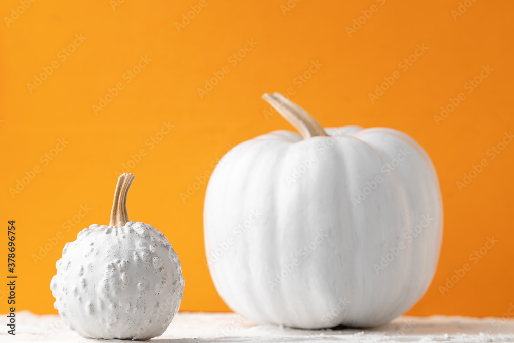 halloween background of pumpkin painted white in orange background