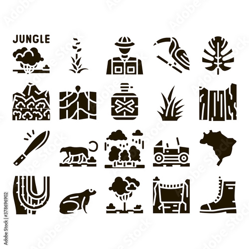 Jungle Tropical Forest Glyph Set Vector. Jungle Tree And Animal, Waterfall And Wood, Flower And Bush, Boot And Car Glyph Pictograms Black Illustrations