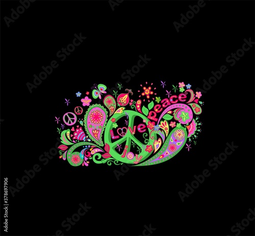 Funny colorful psychedelic print with hippie green peace symbol, flower-power, granatum, love, peace and joy word, butterfly and paisley on black background