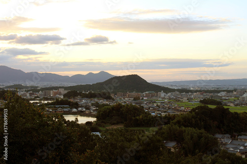 Asuka town in Nara as seen from Amakashi no Oka Observatory hill during sunset