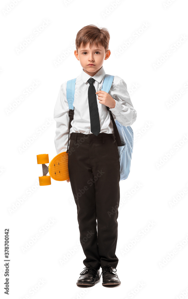 Little schoolboy with skateboard on white background Little schoolboy with skateboard on white background