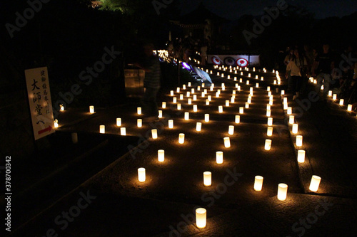Line of candles inside Okadera Temple during lantern festival in Asuka