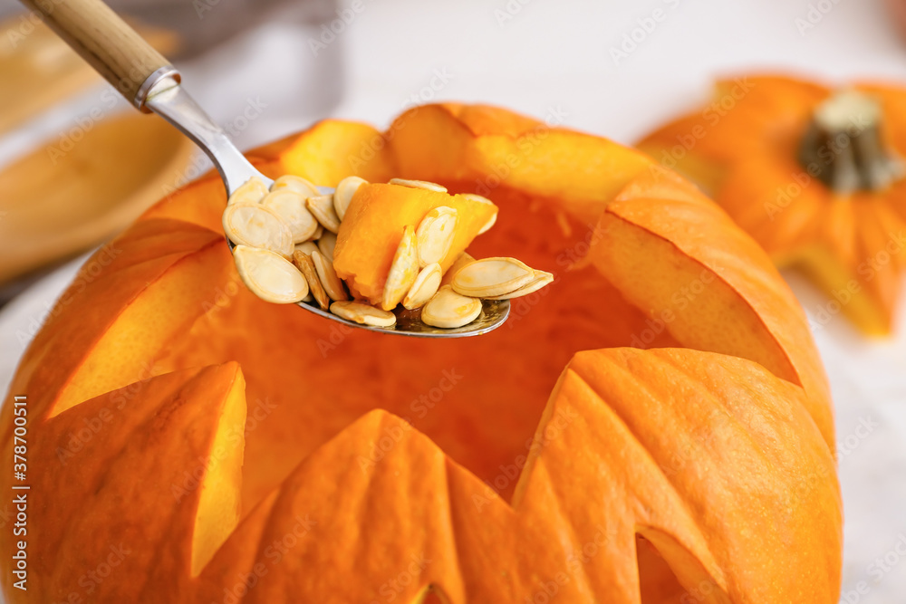 Carving of pumpkin for Halloween, closeup