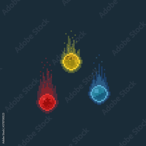 Pixel art fire spirit icon set.