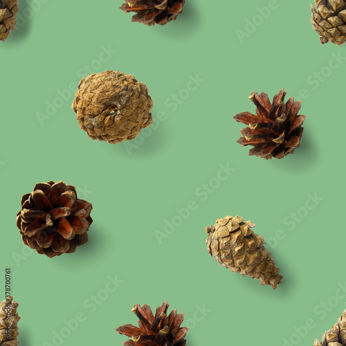 seamless christmas pattern from Pine cones on green background. modern pine cone christmas collage. Print for paper  fabric  wallpaper pinecones