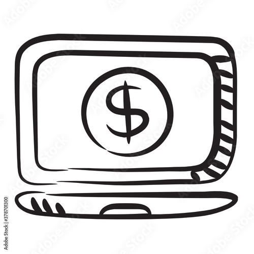 
Dollar inside laptop, internet banking in modern doodle style 
