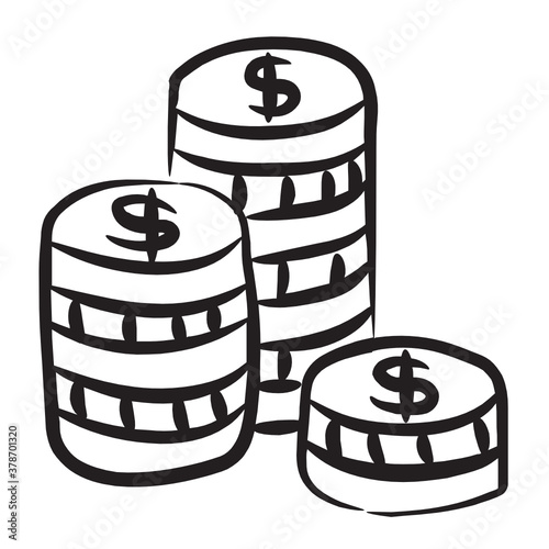 
Coins icon in doodle style, dollar coins pile in hand drawn vector 
