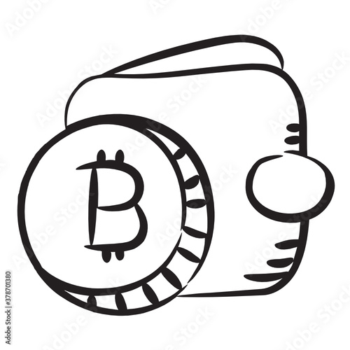 
Bitcoin wallet in modern doodle line style, billfold 
