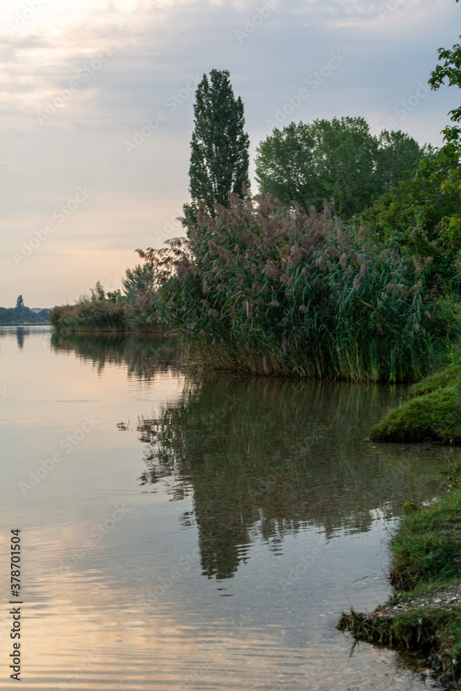Obraz premium Autumn morning view at the recreation area Old Danube (Alte Donau) in Vienna, Austria. Tranquil scene with reflections on the Lake.
