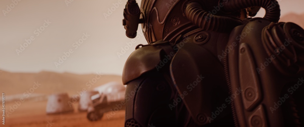Back view of astronaut wearing space suit walking on a surface of a red ...