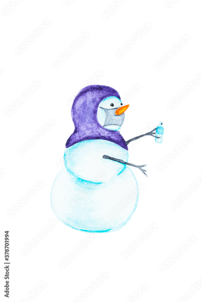 Naklejka Hand drawn watercolor snowman with a protective face mask. New Year and Christmas 2021 concept