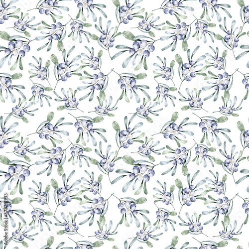 Fototapeta Naklejka Na Ścianę i Meble -  Seamless pattern with watercolor blueberries. Hand drawn watercolor winter floral illustration on white background