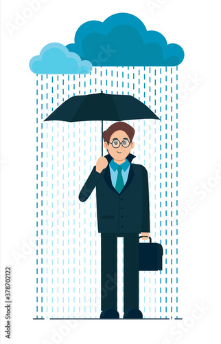 Young man with an umbrella in the rain. Bad rainy weather. Flat cartoon illustration isolated on white background.