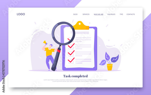 Task done business concept tiny person with megaphone, magnifying glass nearby giant clipboard complete checklist and check mark ticks flat style design vector illustration isolated white background.