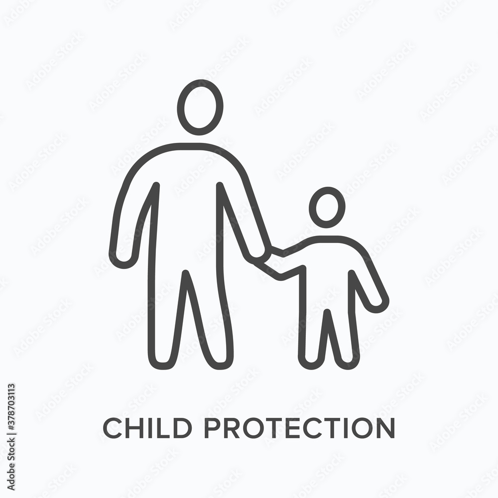 Fototapeta premium Parent with child flat line icon. Vector outline illustration of father and kid holding hands, family bonding. Children protection thin linear pictogram