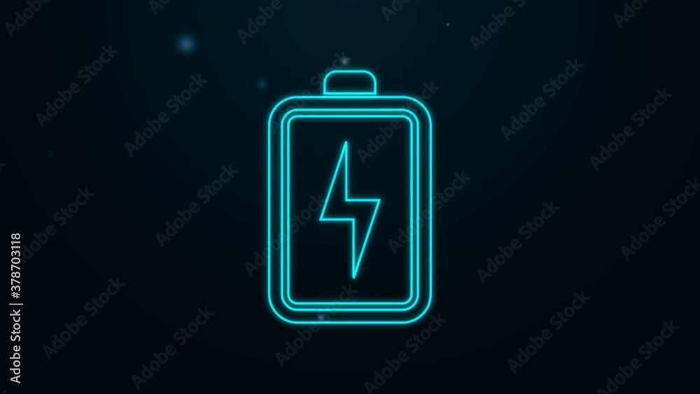 Glowing neon line Battery icon isolated on black background. Lightning bolt symbol. 4K Video motion graphic animation. Glowing neon line Battery icon isolated on black background. Lightning bolt symbol. 4K Video motion graphic animation.