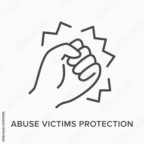 Hand clenched into a fist flat line icon. Vector outline illustration of violence victim protection, domestic abuse. Strong strike thin linear pictogram