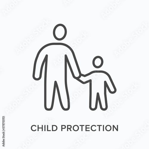 Parent with child flat line icon. Vector outline illustration of father and kid holding hands, family bonding. Children protection thin linear pictogram