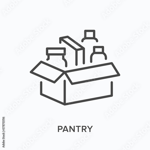Food box flat line icon. Vector outline illustration of pantry, charity product share. Humanitarian help thin linear pictogram