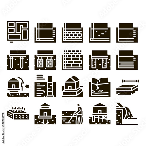 House Foundation Base Glyph Set Vector. Concrete And Brick Building Foundation, Broken And Rickety Basement, Plan And Size Glyph Pictograms Black Illustrations