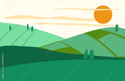 Landscape in a flat style with bright colors. The fields and the sun. Summer Vector