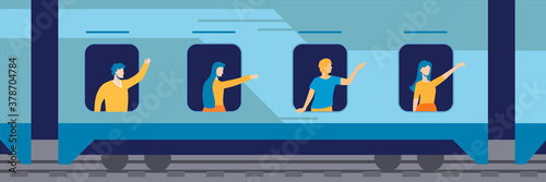 People in windows of train illustration. Happy characters waving their hands to those who see them off on peron long awaited vacation and fun trip to sea trip on windmill new job.