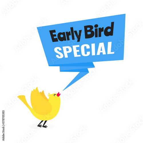 Early bird special offer discount sale event banner flat style design vector illustration. Tiny bird and big ribbon banner with text isolated on white background.