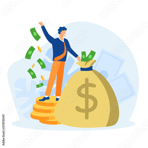 Rich manager with bag of money concept. Huge financial profits and successful economy gold coins and paper cash reserves successful professional management vector jackpot.