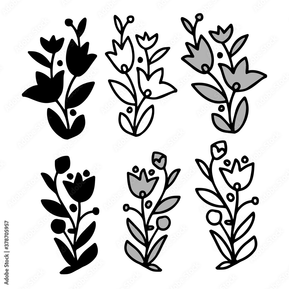Isolated vector design set of silhouettes lined decorative abstract flowers on white background