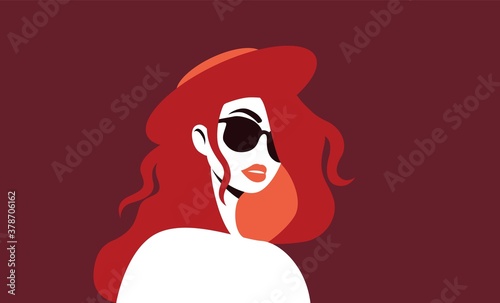 Mysterious woman in sunglasses. Stylish sexy girl with red hair and hat looks forward thoughtfully handsome character with daring vector face vintage secret agent.
