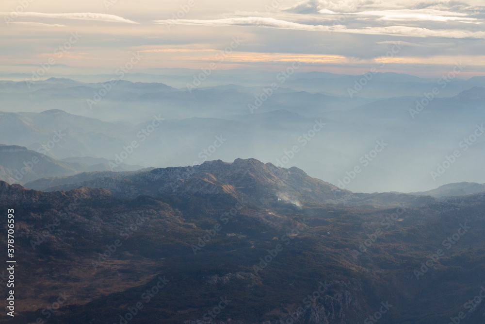 Beautiful view of the mountains at dawn from a height in Montenegro