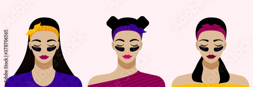 Female faces and collagen black patches. Facial skin care vector illustration.