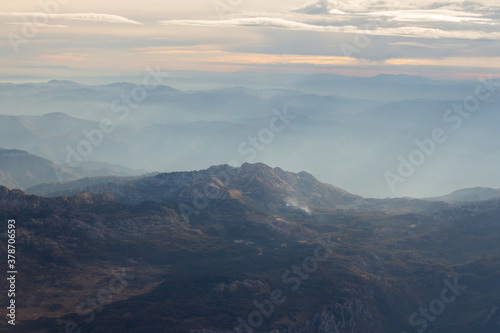 Beautiful view of the mountains at dawn from a height in Montenegro
