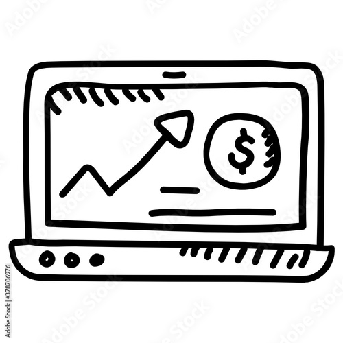 
Upward arrow with dollar inside laptop, doodle style of online trading icon
