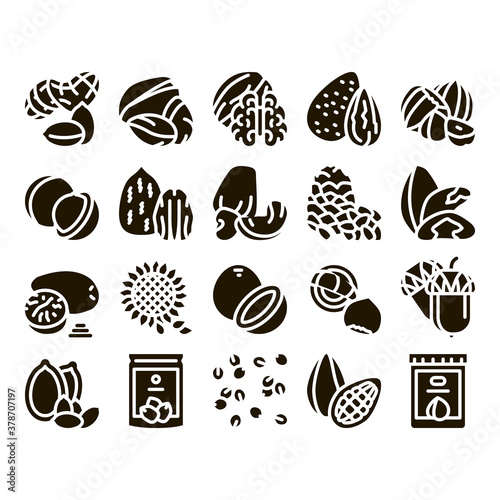 Fototapeta Naklejka Na Ścianę i Meble -  Nut Food Different Glyph Set Vector. Peanut And Almond, Chestnut And Macadamia, Cashew And Pistachio, Pine And Sunflower Seeds Glyph Pictograms Black Illustrations