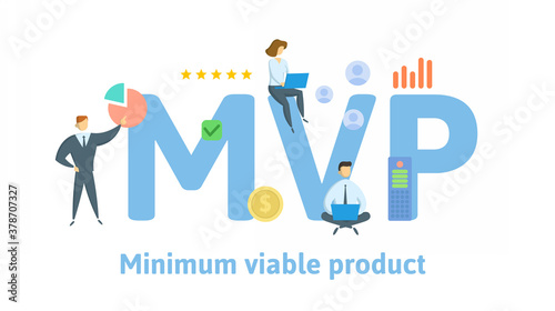 MVP, Minimum Viable Product or Most Valuable Player. Concept with keywords, people and icons. Flat vector illustration. Isolated on white background.