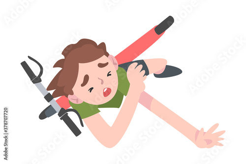 Child Falling Down from Kick Scooter, View from Above, Traumatic Accident, Health Risk Cartoon Style Vector Illustration