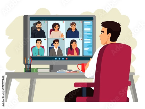 Man at online video conference. Group communication via computer screen vector illustration. Guy sitting at home chair, listening to meeting or webinar, remote working or learning