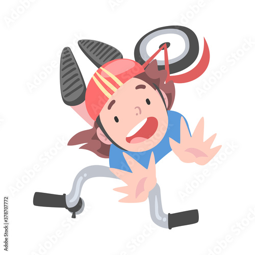 Frightened Child in Safety Helmet Falling Down from Kick Scooter, View from Above, Traumatic Accident, Health Risk Cartoon Style Vector Illustration