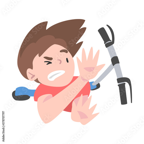Boy Falling Down from Kick Scooter, View from Above, Traumatic Accident, Health Risk Cartoon Style Vector Illustration
