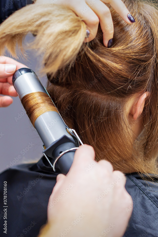 Fototapeta premium Professional hairdresser twists curls of long light brown hair of woman with curling iron in beauty salon. Hairdressing procedures