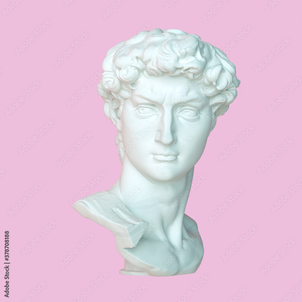 Head of Michelangelo's David isolated on a pink pirouette colour background. 3d render illustration. Head of Michelangelo's David isolated on a pink pirouette colour background. 3d render illustration.