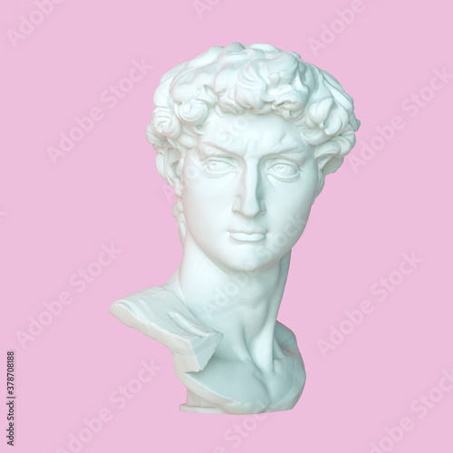 Head of Michelangelo's David isolated on a pink pirouette colour background. 3d render illustration. 