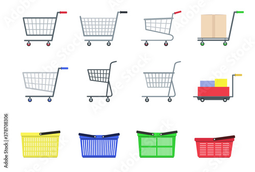 Shopping supermarket cart set. Flast style photo